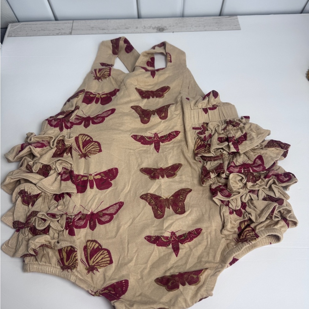 kate quinn Beige Romper with Burgundy Butterfly Print